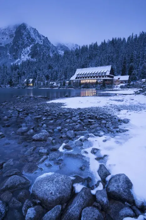 Framed Print : Frozen lake shore and Mountain House at twilight, Popradske Pleso, High Tatras, Slovakia Framed Print : Frozen lake shore and Mountain House at twilight, Popradske Pleso, High Tatras, Slovakia