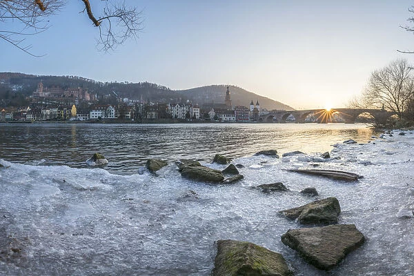 Frozen Neckar river in Heidelberg, Baden-Wurttemberg, Germany