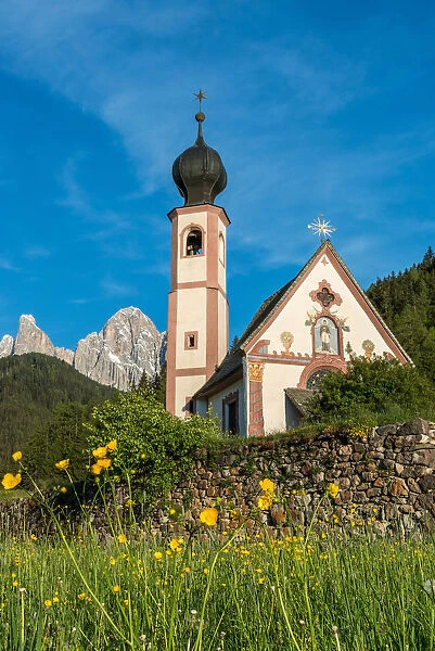 Funes Valley, Dolomites, South Tyrol, Italy. The church San Giovanni in Ranui