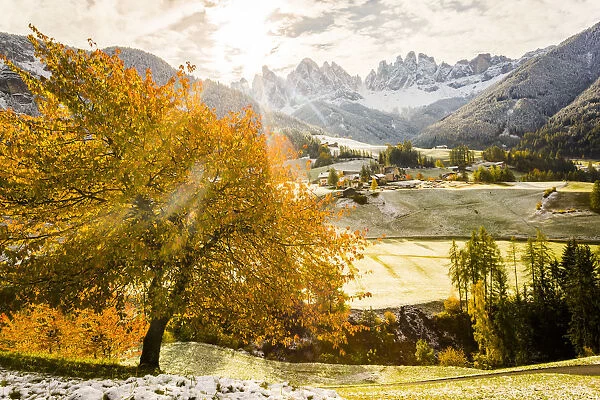 Funes Valley, Trentino Alto Adige, Italy. Dolomites Alps in Autumn, with the first