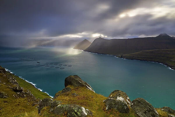Funningsfordur and Kalsoy island viewed from Gonguturur Hvithamar trailhead, Sunda municipality, Eysturoy, Faroe Islands, Denmark