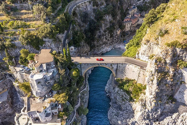 Furore Fjord, Amalfi Coast, Campania, Italy. Aerial view of bridge
