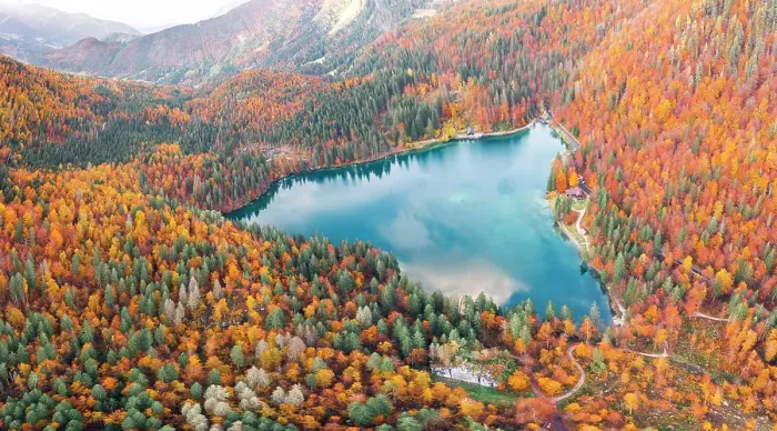 Framed Print : Fusine Lakes in Autumn, Friuli Venezia Giulia, Italy. Aerial view Framed Print : Fusine Lakes in Autumn, Friuli Venezia Giulia, Italy. Aerial view