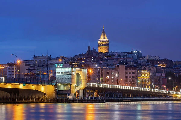 Galata Bridge and Galata Tower at twilight, Beyoglu District, Istanbul Province, Turkey