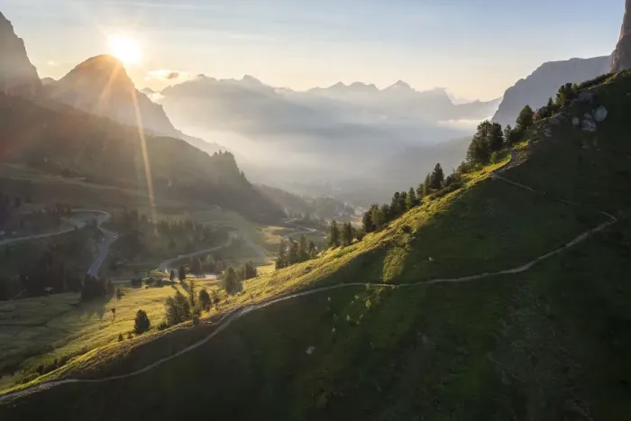 Framed Print : Gardena Pass and Sassongher at dawn. Dolomites, South Tyrol, Bolzano district, Italy
