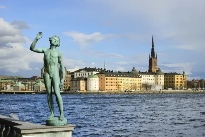 Framed Print : Gardens of the City Hall and Riddarholmen with the Riddarholmskyrkan. Stockholm, Sweden