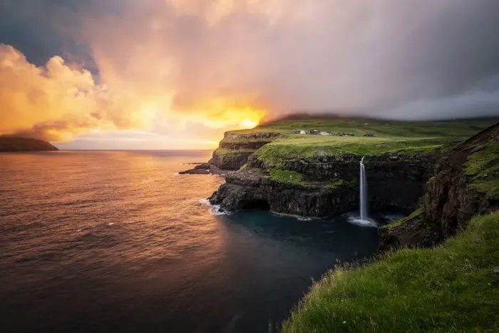 Framed Print : Gasadalur waterfall at sunset, Vagar, Faroe Islands Framed Print : Gasadalur waterfall at sunset, Vagar, Faroe Islands