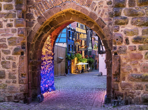 Gate of Riquewihr at Night, Alsace, France