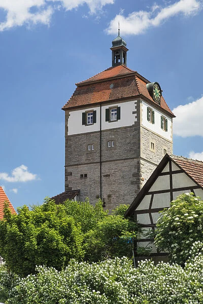 Gate tower from 1466 at the town wall, Vellberg, Hohenlohe, Baden-Wurttemberg, Germany