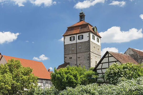 Gate tower from 1466 at the town wall, Vellberg, Hohenlohe, Baden-Wurttemberg, Germany