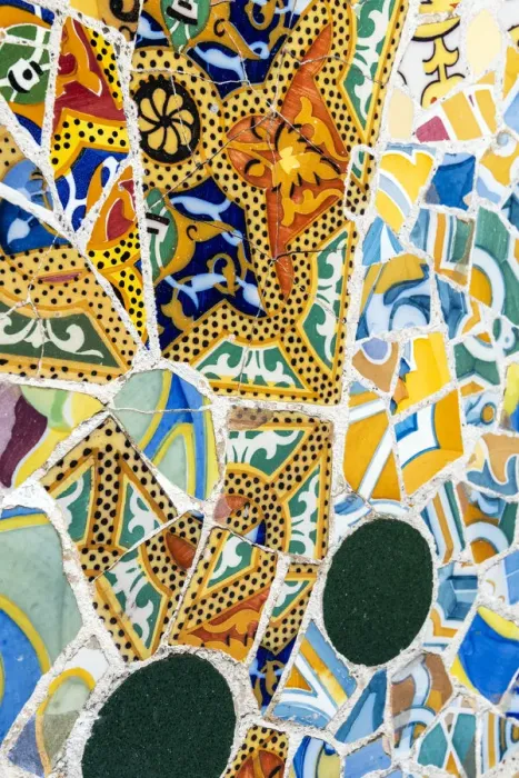 Framed Print : Detail of Gaudais mosaic work in the bench at Park Guell, Barcelona, Catalonia Framed Print : Detail of Gaudais mosaic work in the bench at Park Guell, Barcelona, Catalonia