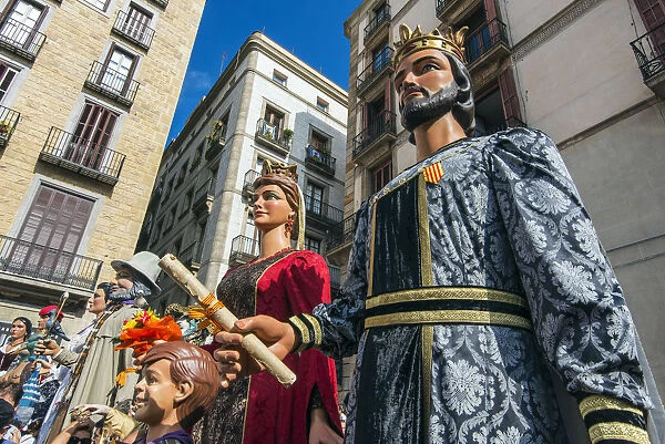 The Gegants (Giants) parade in Plaza San Jaume during La Merca festival, Barcelona