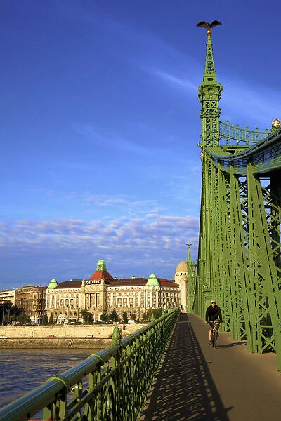 Gellert Hotel and Spa, Liberty Bridge and Cyclist, Budapest, Hungary