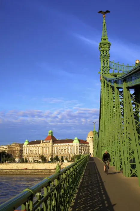 Framed Print : Gellert Hotel and Spa, Liberty Bridge and Cyclist, Budapest, Hungary