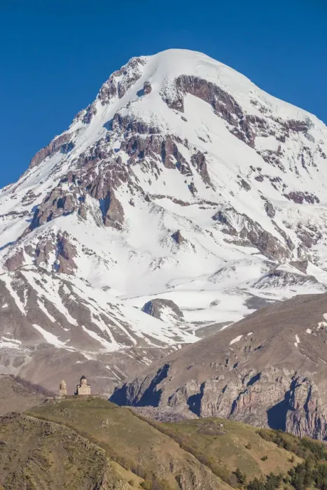 Framed Print : Georgia, Georgian Military Highway, Kazbegi-Stepantsminda, Tsminda-Sameba Church and Mt