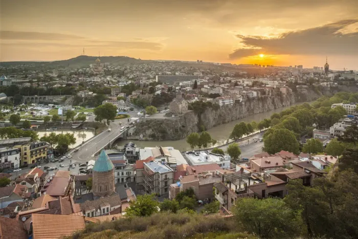 Framed Print : Georgia, Tbilisi, high angle city skyline, sunrise Framed Print : Georgia, Tbilisi, high angle city skyline, sunrise