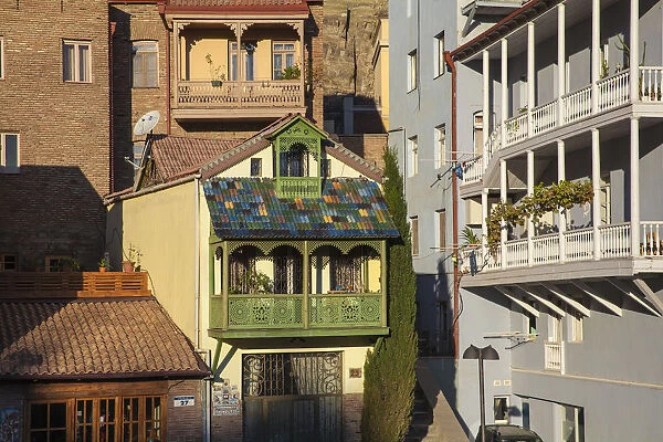 Georgia, Tbilisi, Houses in the old town with wooden balcony
