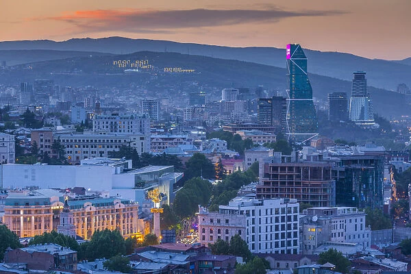 Georgia, Tbilisi, Narikala Fortress, high angle city skyline