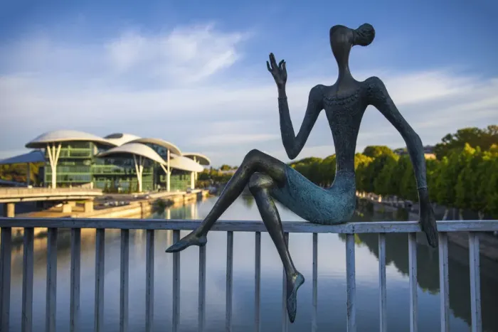 Framed Print : Georgia, Tbilisi, Statue on bridge and Public Service Hall, housing an assortment Framed Print : Georgia, Tbilisi, Statue on bridge and Public Service Hall, housing an assortment