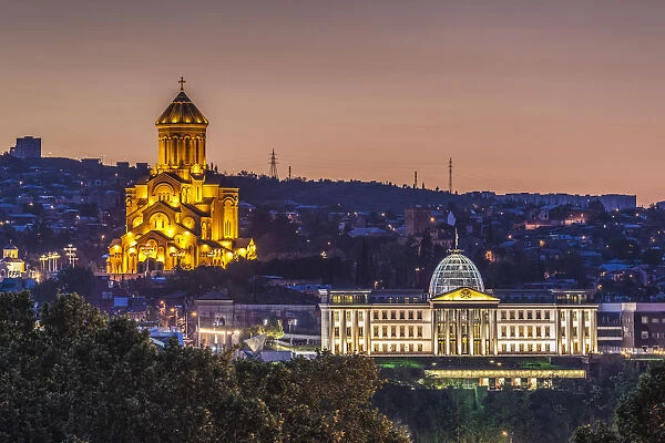 Georgia, Tbilisi, Tsminda Sameba Cathedral and Presidential Palace