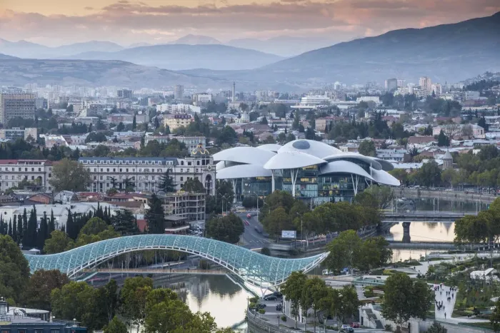 Framed Print : Georgia, Tbilisi, View of city looking towards Peace bridge, Rike Park, and The Public