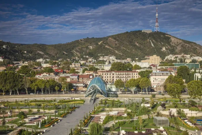 Framed Print : Georgia, Tbilisi, View of Peace bridge and Rike Park