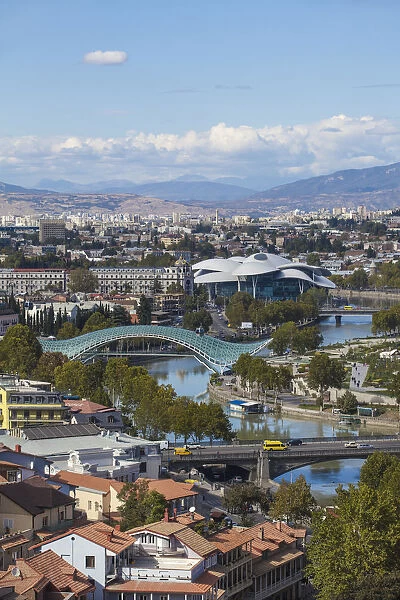 Georgia, Tbilisi, View of Tbilisi looking towards Metekhi Bridge, Peace bridge
