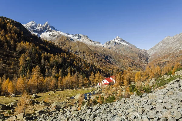 Gerli Porro Hut in autumn, Val Ventina, Valmalenco, Valtellina, Lombardy, Italy, Alps