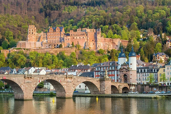 Germany, Baden-WAorttemberg, Heidelberg. Alte Brucke (old bridge) and Schloss Heidelberg