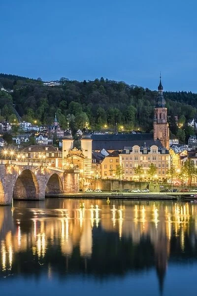 Germany, Baden-Wurttemberg, Heidelberg. Alte Brucke (old bridge) towers and buildings