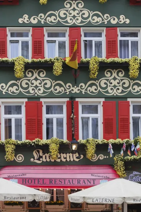 Framed Print : Germany, Baden-Wurttemburg, Baden-Baden, colorful hotel-restaurant exterior