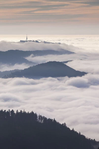 Germany, Baden-Wurttemburg, Black Forest, Belchen Mountain, summit view with evening fog