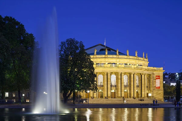 Germany, Baden-Wurttemburg, Stuttgart, Staatstheater and fountain, evening