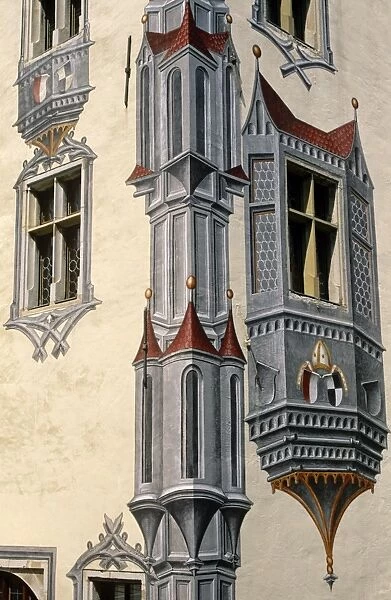 Germany, Bavaria, Fussen. Trompe l oeil painting exaggerates the external appearance of parts of the Hohes Schloss, or High Castle, of Fussen. Formerly the summer residence of the Prince Bishops of Augsburg and now partly used as an