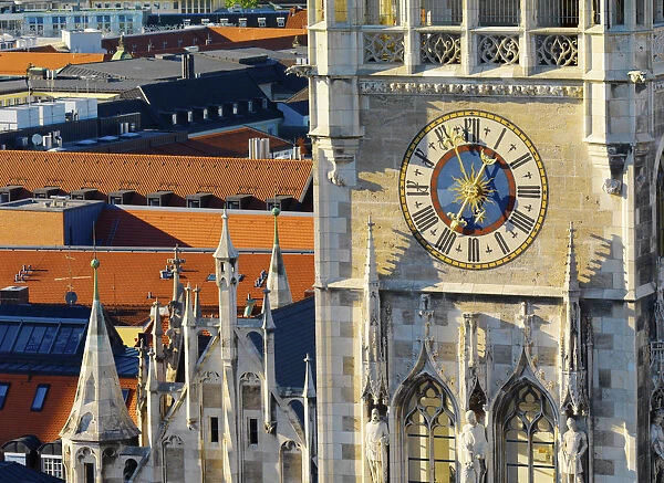 Germany, Bavaria; Munich; Marienplatz; Close-up of clock on Town hall (Rathaus)