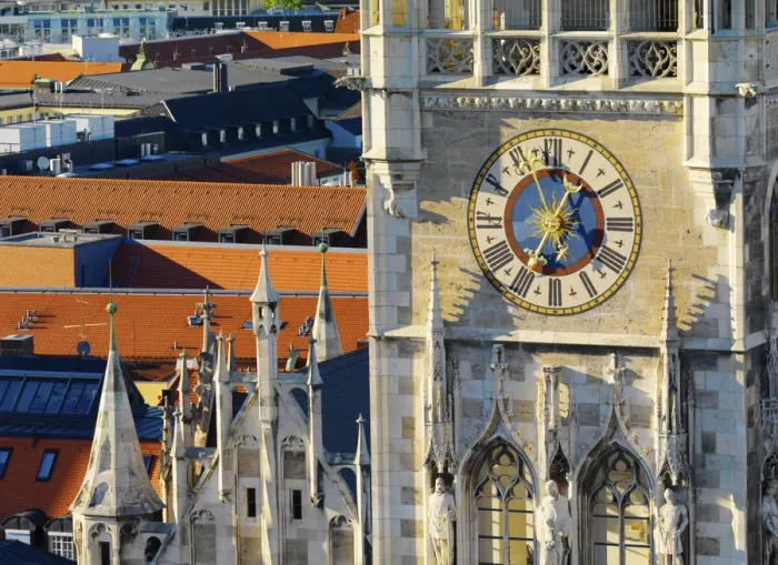 Framed Print : Germany, Bavaria; Munich; Marienplatz; Close-up of clock on Town hall (Rathaus) Framed Print : Germany, Bavaria; Munich; Marienplatz; Close-up of clock on Town hall (Rathaus)