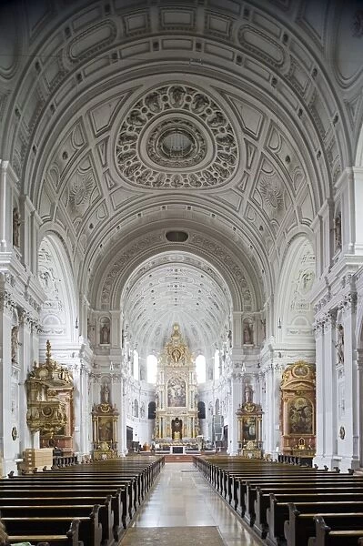 Germany, Bavaria, Munich. The nave of Michaelskirche has an ornate and impressive barrel vaulted roof, the second largest barrel-vaulted roof in the World to St Peter s