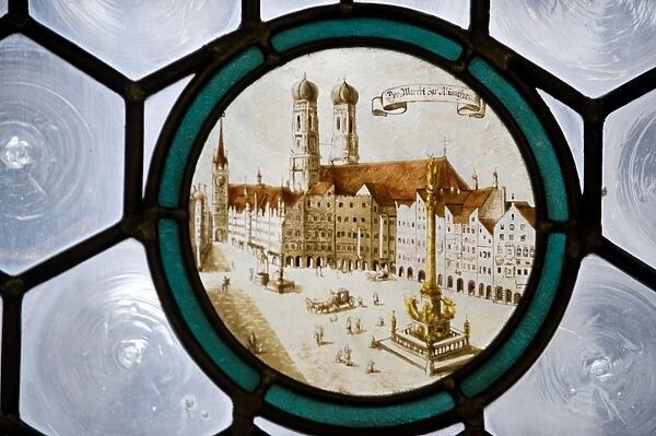 Germany, Bavaria, Munich. Detail of stained glass window depicting Fraenkirche from Marienplatz