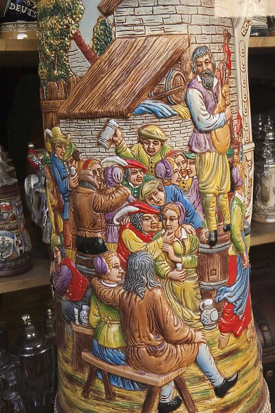 Germany, Bavaria, Romantic Road, Rothenburg ob der Tauber, Detail on Souvenir Beer Stein