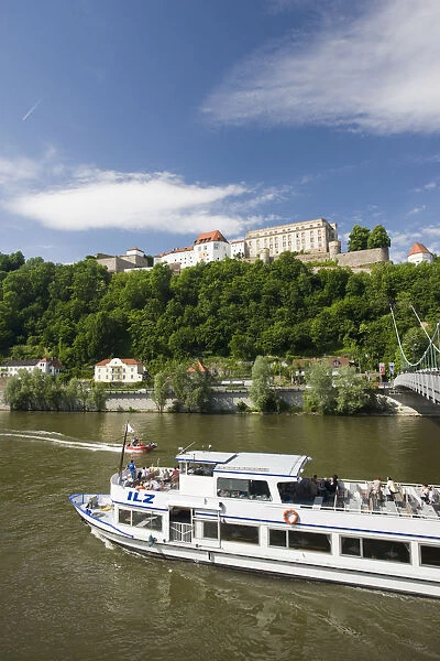 Germany, Bayern  /  Bavaria, Passau, Veste Oberhaus fortress and Danube River cruise ship