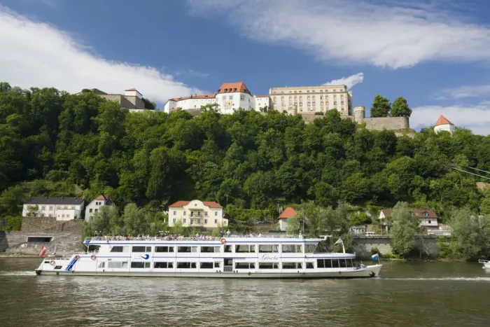 Framed Print : Germany, Bayern / Bavaria, Passau, Veste Oberhaus fortress and Danube River cruise ship Framed Print : Germany, Bayern / Bavaria, Passau, Veste Oberhaus fortress and Danube River cruise ship