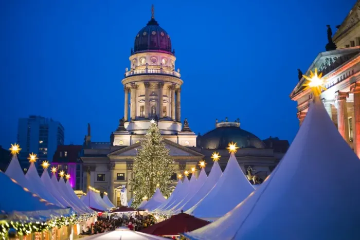 Framed Print : Germany, Berlin, Mitte, Gendarmenmarkt, Christmas market, elevated view with Deutscher Framed Print : Germany, Berlin, Mitte, Gendarmenmarkt, Christmas market, elevated view with Deutscher