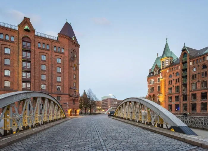 Framed Print : Germany, Hamburg, HafenCity. Historic warehouses in the Speicherstadt quarter at dusk Framed Print : Germany, Hamburg, HafenCity. Historic warehouses in the Speicherstadt quarter at dusk