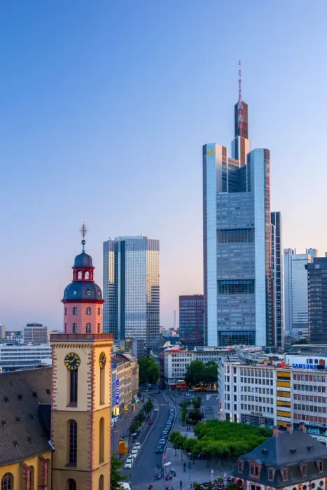 Framed Print : Germany, Hessen, Frankfurt Am Main, City skyline with St. Katherines church (St Framed Print : Germany, Hessen, Frankfurt Am Main, City skyline with St. Katherines church (St