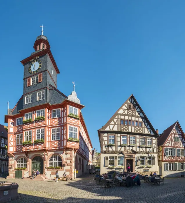 Framed Print : Germany, Hessen, Heppenheim. Historic buildings on Marktplatz market square