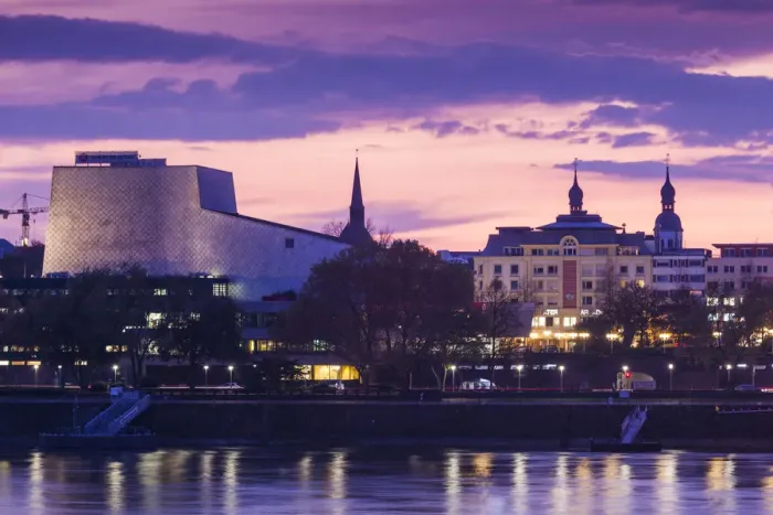 Framed Print : Germany, Nordrhein-Westfalen, Bonn, Rhein Riverfront and Bonn Opera building, dusk Framed Print : Germany, Nordrhein-Westfalen, Bonn, Rhein Riverfront and Bonn Opera building, dusk