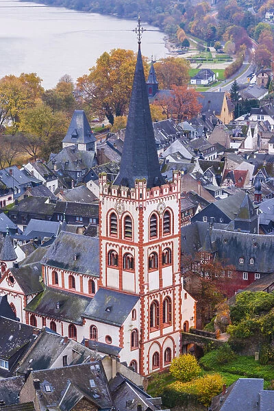 Germany, Rheinland-Pfalz, Bacharach, elevated town view, autumn