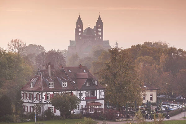 Germany, Rheinland-Pfalz, Speyer, Dom cathedral, from Rhein River, dusk, fog