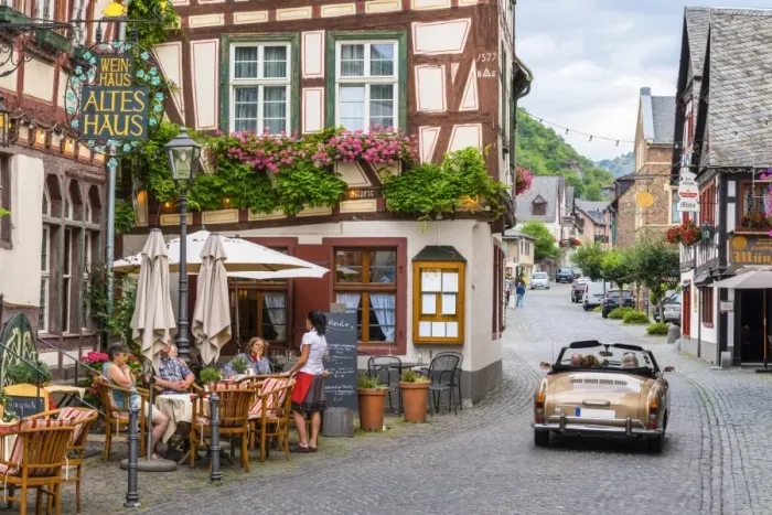 Framed Print : Germany, Rhineland Palatinate, Bacharach, Altes Haus Wein Haus and classic Volkswagen Framed Print : Germany, Rhineland Palatinate, Bacharach, Altes Haus Wein Haus and classic Volkswagen