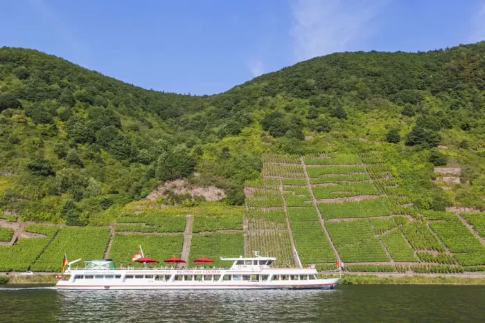 Framed Print : Germany, Rhineland-Palatinate, Moselle, Cruiseboat and Vineyards Framed Print : Germany, Rhineland-Palatinate, Moselle, Cruiseboat and Vineyards